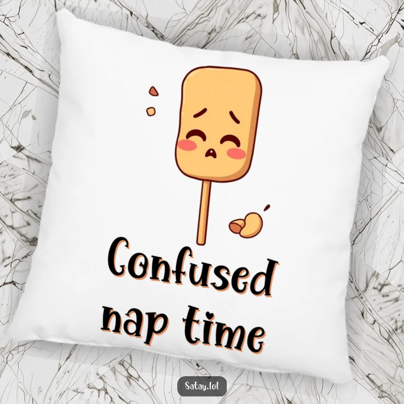 Funny decorative pillow featuring a satay skewer character looking comically confused by a misplaced peanut; soft and humorous.