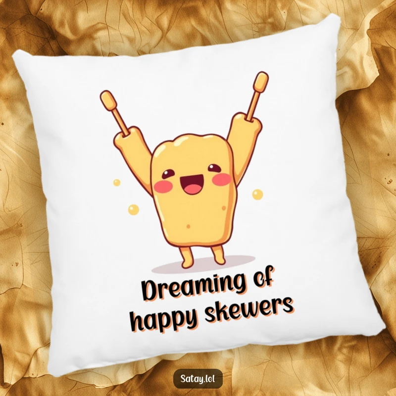 Funny pillow with a cheerful satay skewer character expressing immense joy with arms thrown up in a delightful gesture.