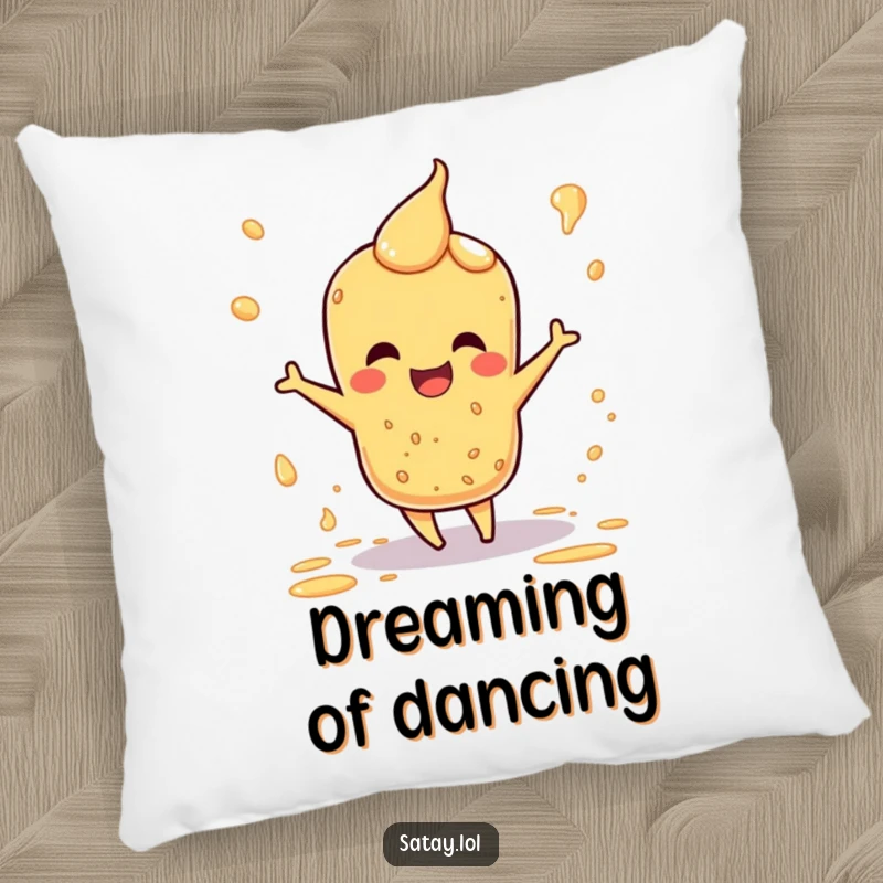 Funny pillow featuring a happy satay character doing a little dance, surrounded by playful sauce splatters.
