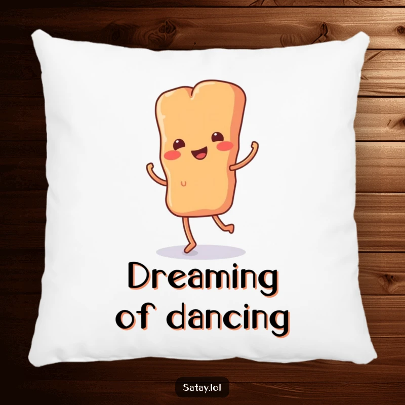 Funny pillow with a satay skewer on tiny legs doing a happy jig, offering a soft, humorous accent for sofas and beds.
