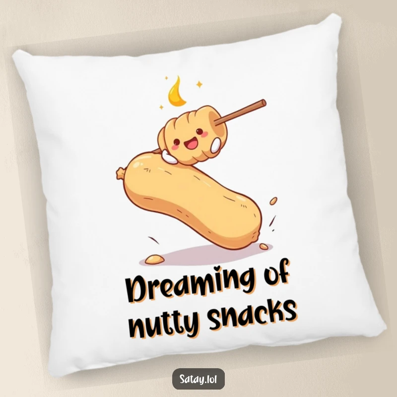 Funny pillow depicting a satay skewer energetically bouncing on a giant peanut, offering a humorous and cuddly decorative accent.