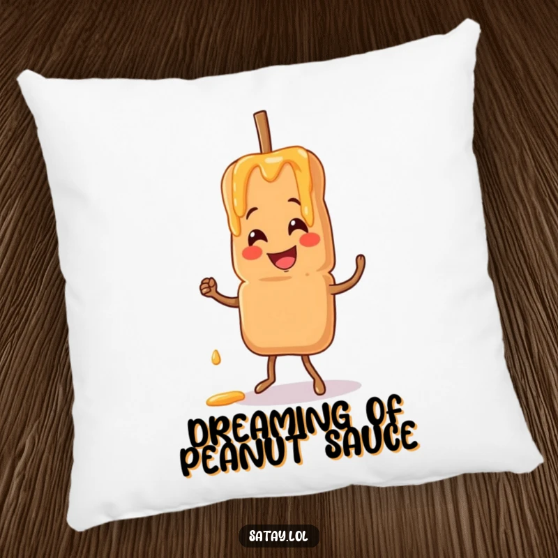 Funny satay skewer pillow with a smiling skewer doing a jig and peanut sauce drizzling, perfect for kitchen lovers.
