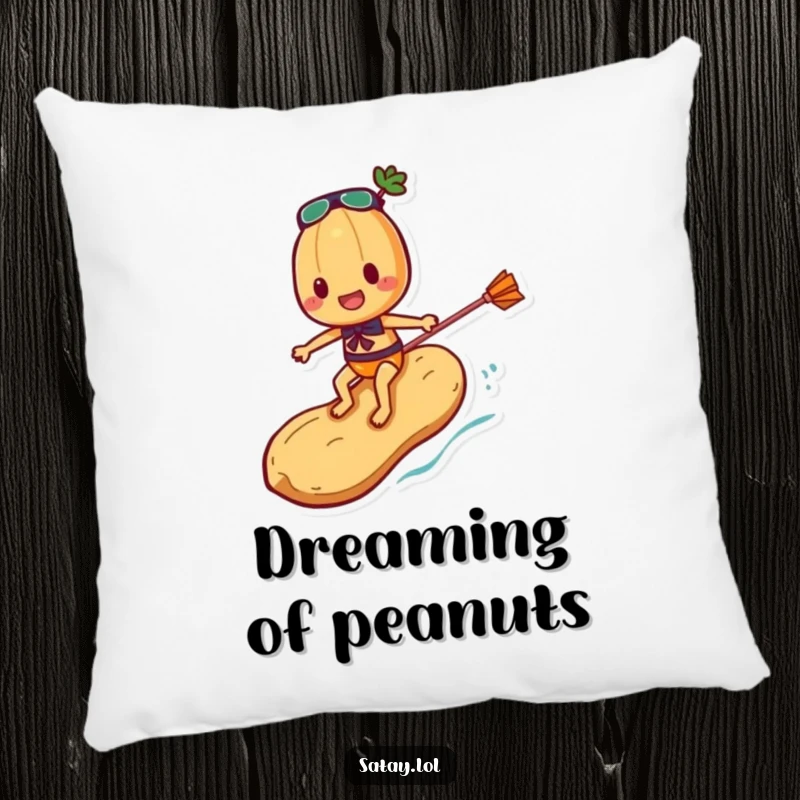 Funny Satay Skewer Pillow featuring a skewer character surfing a peanut, bringing a dose of extreme sports fun and comfort to any room.