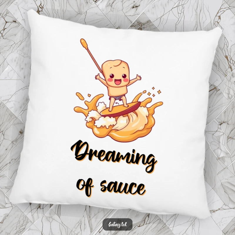 Funny satay skewer character surfing a delicious wave of peanut sauce, making this pillow delightfully humorous.