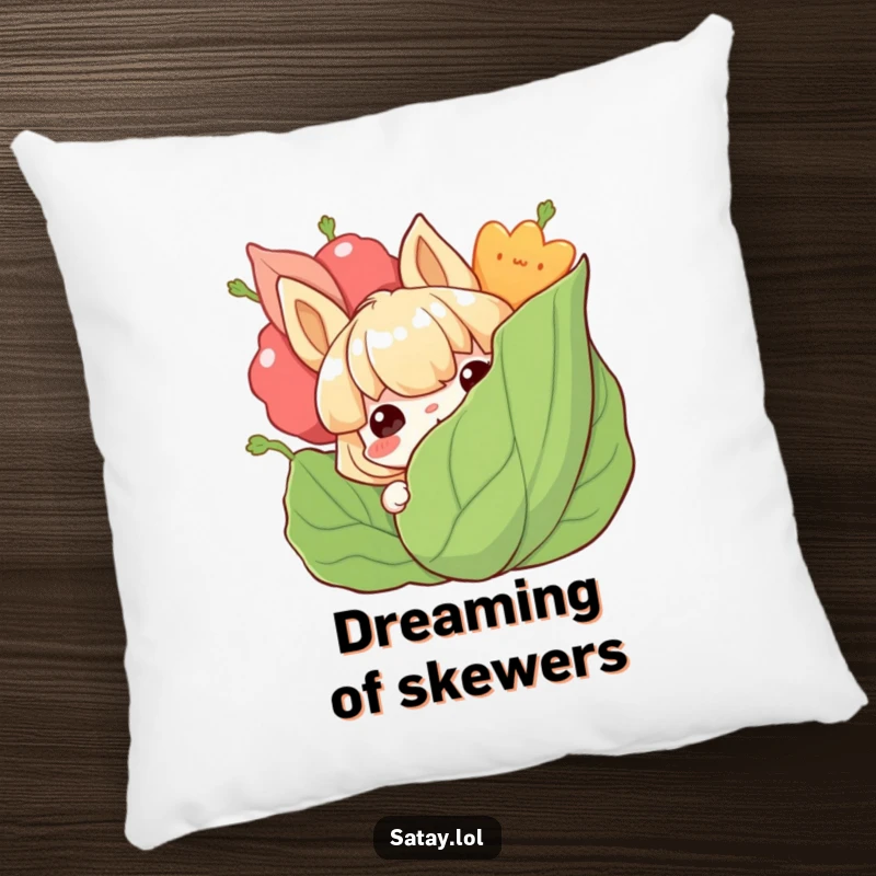 Funny satay pillow with a grinning satay character peeking from behind a large, leafy garnish, adding comfort.
