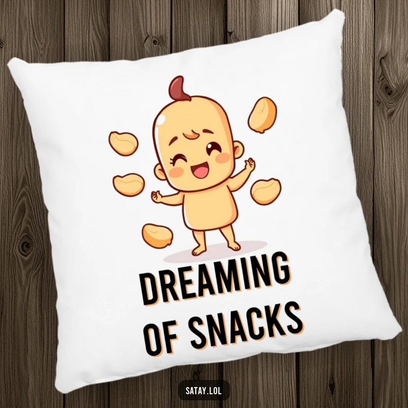Funny happy satay skewer pillow, character juggling peanut shells with a cheerful expression, soft and decorative cushion.