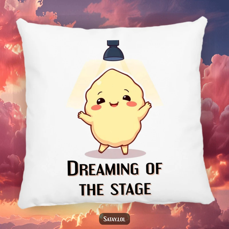 Funny satay character in a lively dance pose under a spotlight, embroidered on a soft, decorative pillow for ultimate comfort.