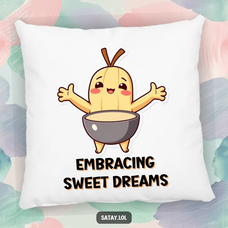 Funny pillow featuring a satay character with arms outstretched, embracing a bowl of dipping sauce.