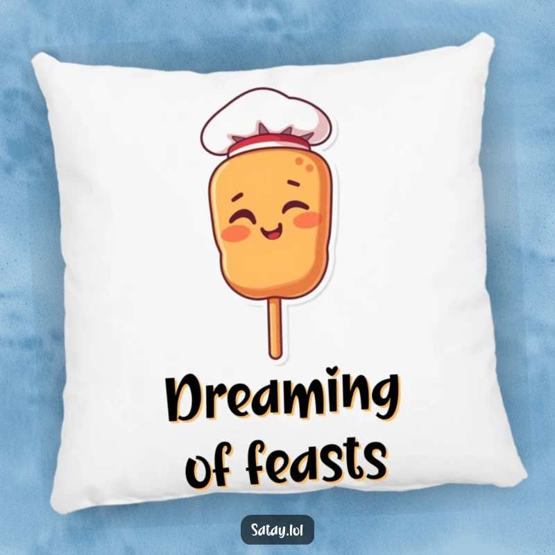 Funny decorative pillow with a satay skewer character in a chef hat, giving a playful wink.