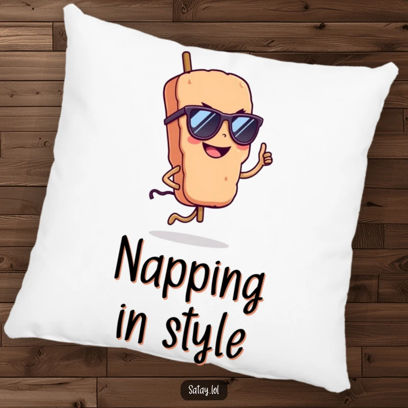 Soft funny satay skewer pillow, featuring a cool skewer with sunglasses and a confident grin, perfect for cozying up.