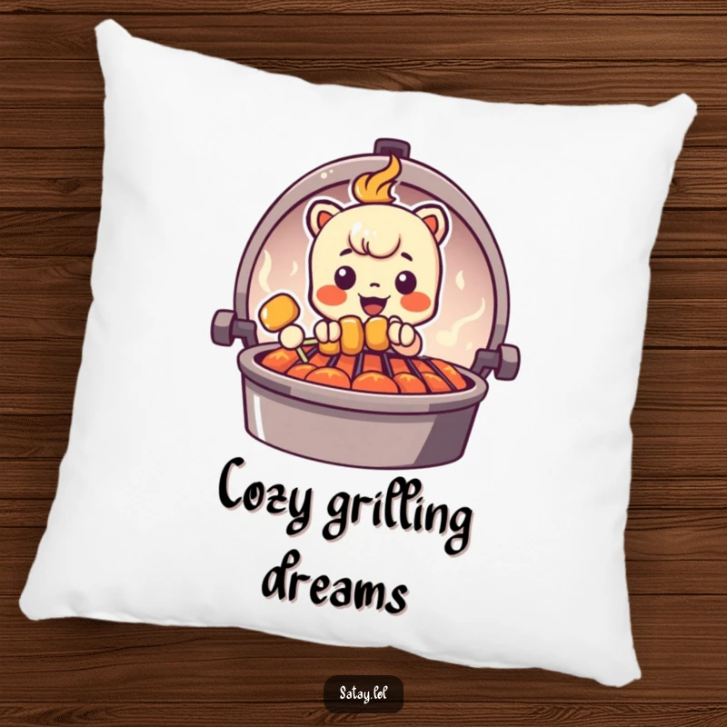 Funny Peeking Satay Skewer Pillow featuring a skewer character peeking from behind a grill graphic, offering comfort and humorous decor.