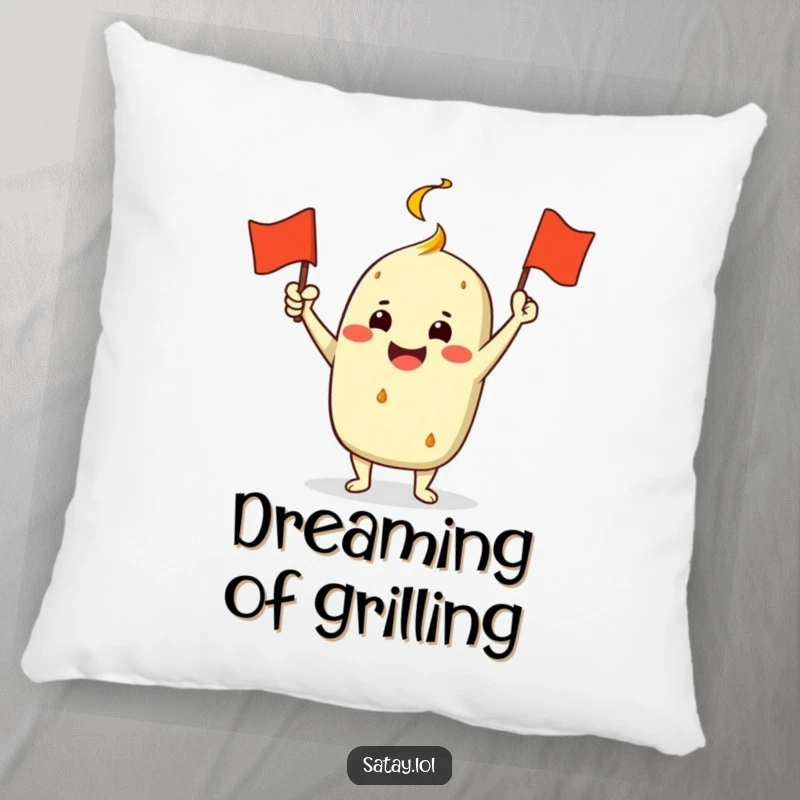 Funny Satay Character Pillow: A jubilant satay enthusiastically waves a miniature grill flag, offering soft and humorous festive comfort.