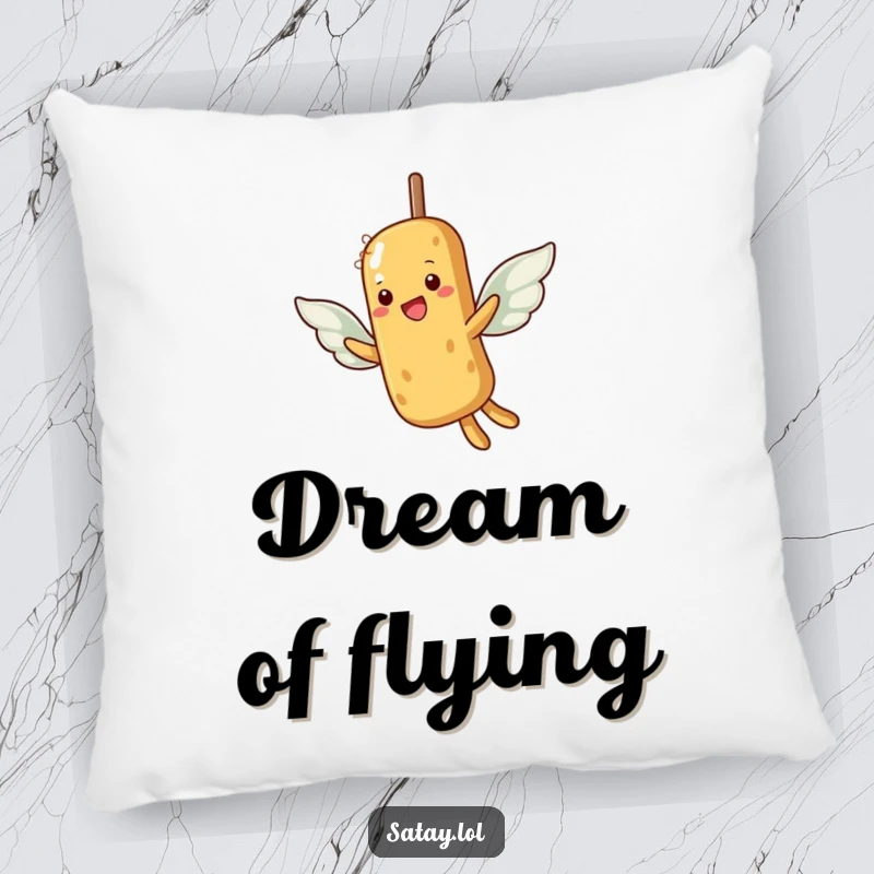 Funny pillow with a cute satay skewer and peanut wings, attempting to fly, bringing comfort and hope.