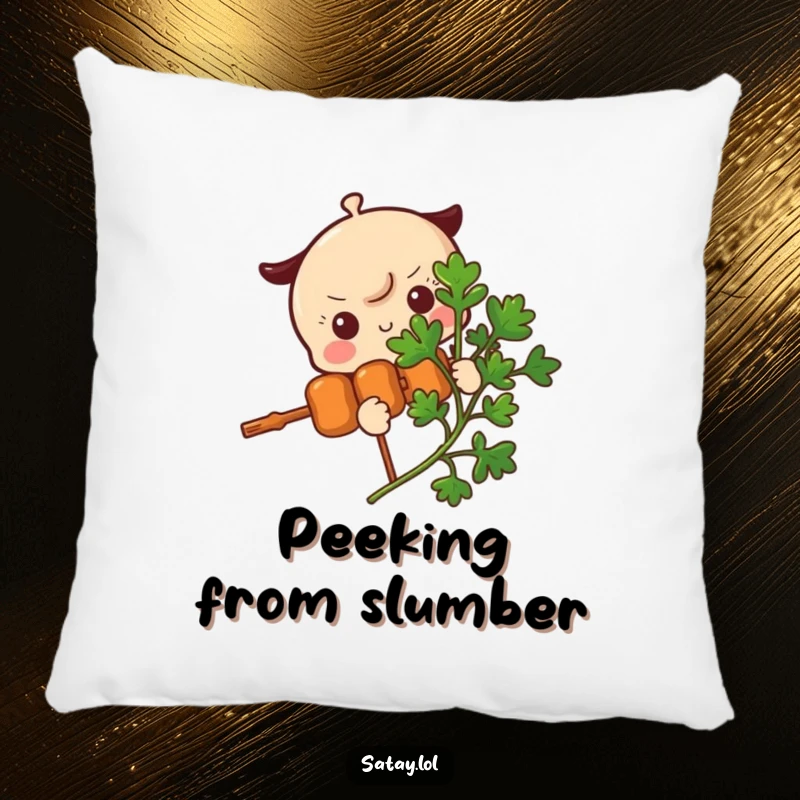 Funny Satay Skewer Pillow featuring a skewer character peeking from behind a parsley sprig, perfect for adding comfort and a dose of shy humor.