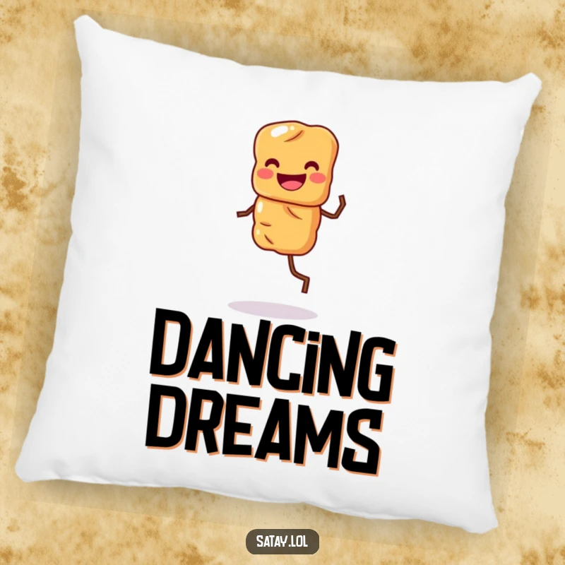 Funny decorative pillow with a grinning satay skewer character doing a happy jig, adding playful decor.