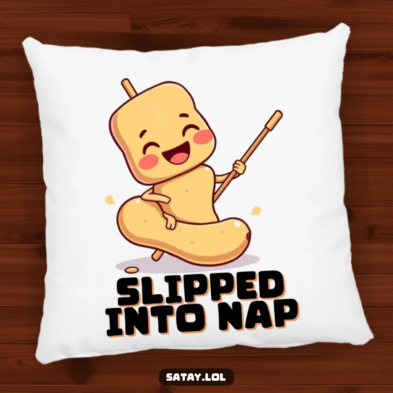 Funny Satay Skewer Pillow: A soft cushion with a smiling skewer comically slipping on a peanut, a funny food theme.