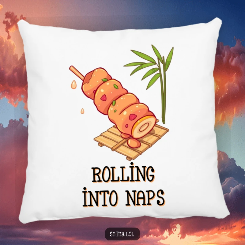 Funny satay skewer pillow, showing a skewer hilariously rolling down a bamboo mat, a soft and amusing decorative item.