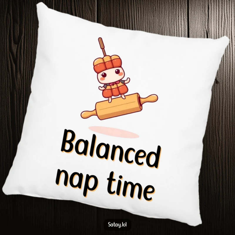 Funny satay skewer character precariously balancing on a rolling pin, featured on a soft throw pillow.