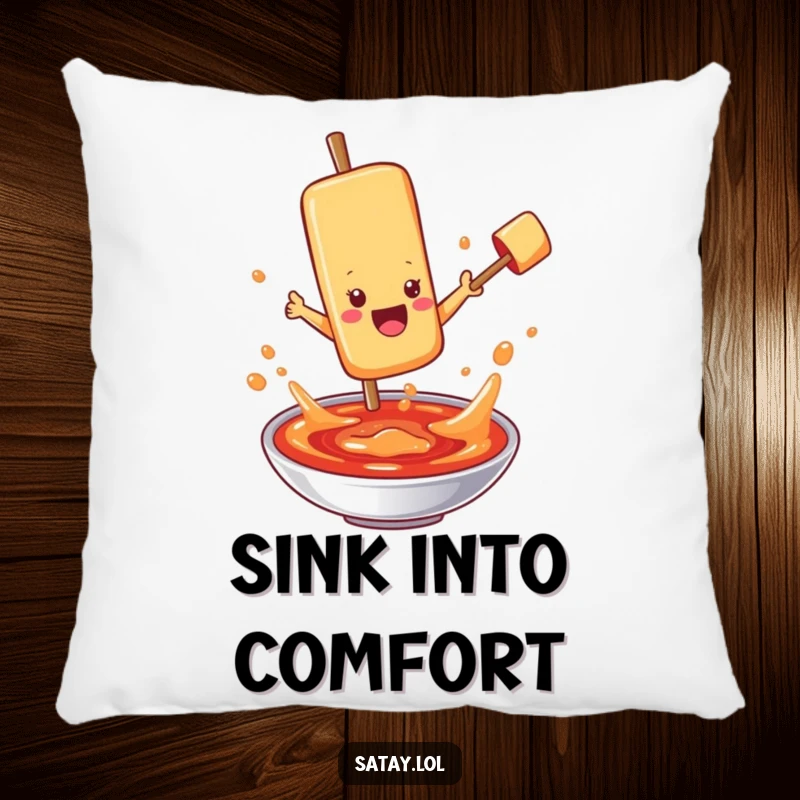Funny satay skewer character pillow, jumping into bubbling sauce, offering comfort and sauce-themed humor.