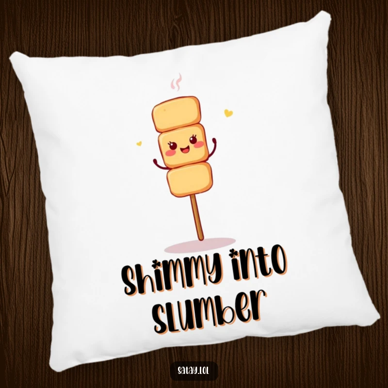 Funny decorative pillow showing a satay skewer in the midst of a lively shimmy dance.
