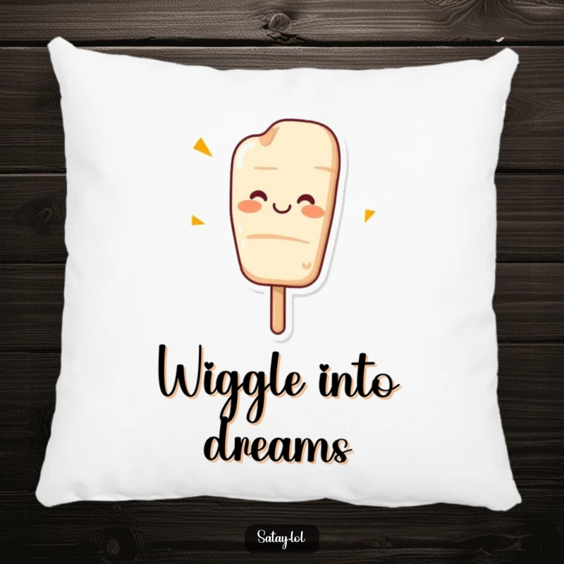 Funny, cheerful decorative pillow featuring a satay skewer with a massive grin, doing a happy wiggle.