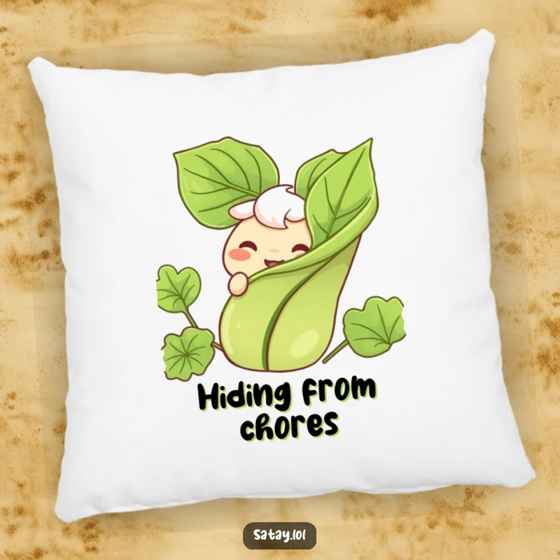 Funny pillow featuring a satay skewer character peeking from behind a garnish with a wide, happy grin.