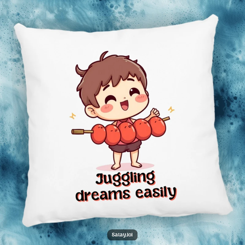 Funny satay skewer character suspended in air, juggling miniature, wiggling meatballs on a soft throw pillow.
