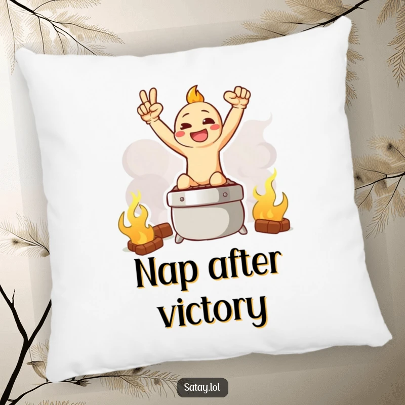 Funny pillow featuring a satay character in a triumphant pose, positioned on a smoky grill graphic.
