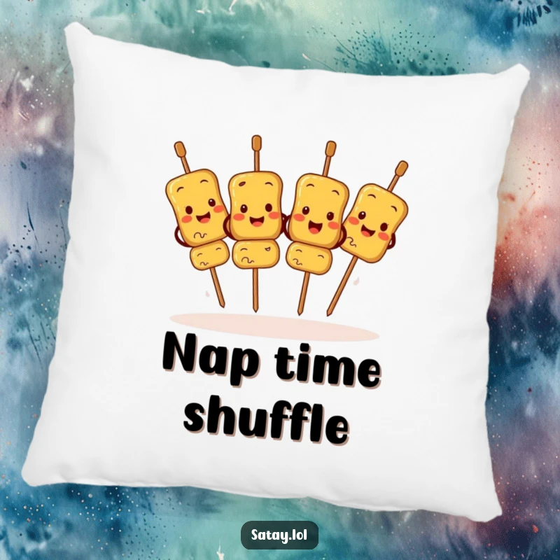 Funny Satay Skewers Pillow with characters doing a happy synchronized jig, offering comfort and a humorous visual.