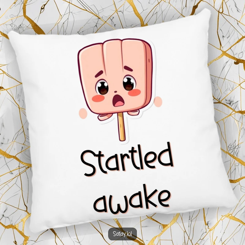 Funny decorative pillow with a satay skewer character showing extreme surprise with bugging-out eyes.