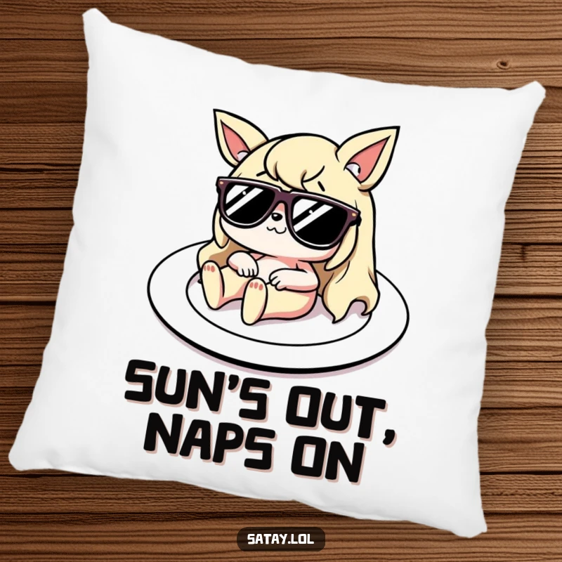 Funny Pillow featuring a satay character with sunglasses lounging on a plate like a sunbed, adding a humorous and comfortable touch to any room.