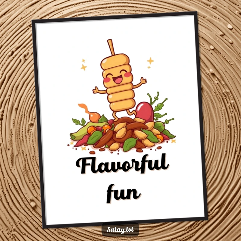 Funny giggling satay skewer art print, downloadable for instant display, joyfully hopping on spices with culinary delight.