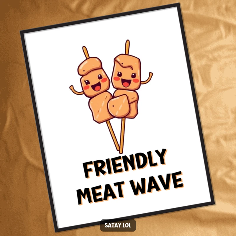 Funny Satay Skewers Digital Art Print depicting characters waving their meat pieces cheerfully, perfect for friendly and humorous decor.
