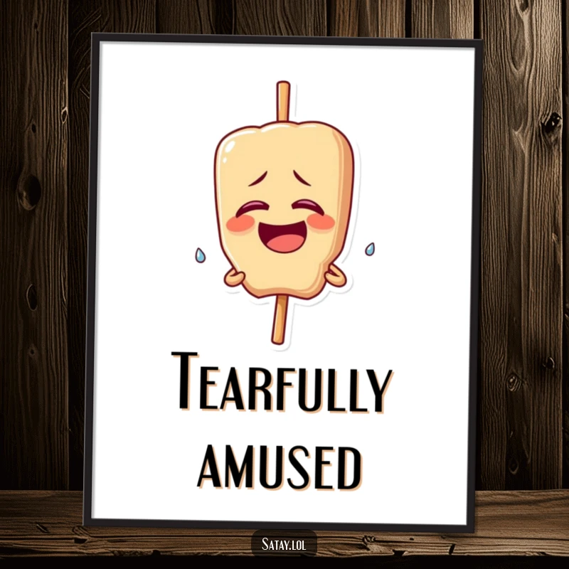 Funny digital art print of a satay skewer character giggling uncontrollably, a single happy tear falling; perfect for humor.