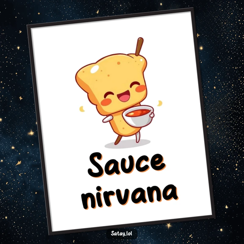 Funny digital art print of a happy satay skewer character wiggling with a sauce bowl, radiating pure culinary delight.