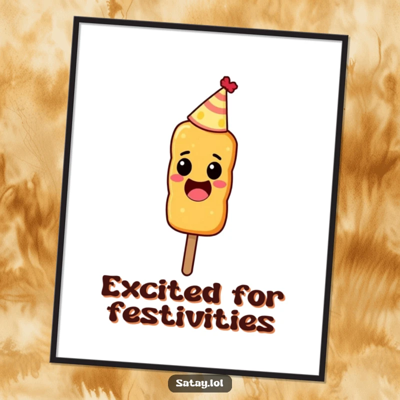 Funny digital art print of an excited satay skewer wearing a tiny party hat.