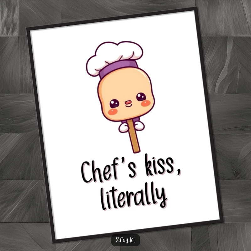 Funny proud chef satay skewer digital art print, character wearing a chef hat and looking proud, high-resolution for printing.