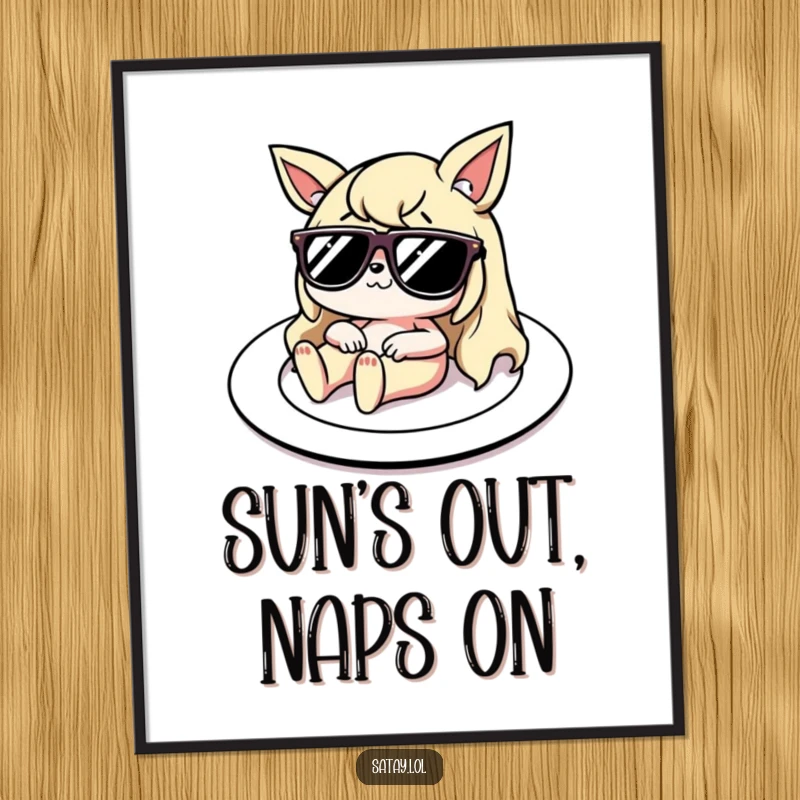 Funny Digital Art Print: A satay character with tiny sunglasses lounges on a plate like a sunbed, a humorous and relaxing piece.