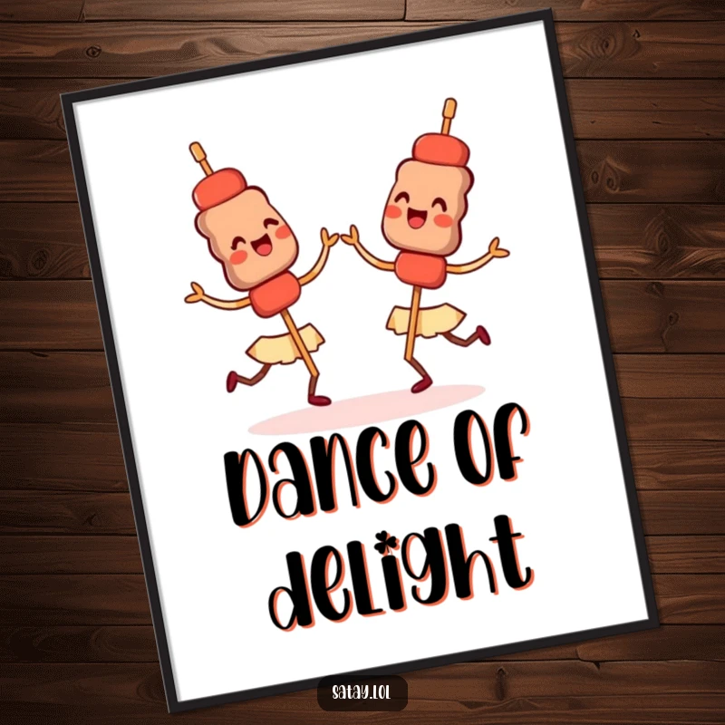 Funny digital art print of happy satay skewers doing a synchronized dance, perfect for kitchen walls.