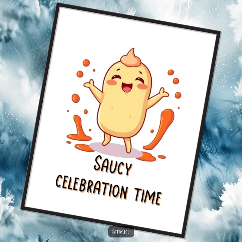 Funny satay digital art print of a happy satay character doing a little dance with sauce splatters, full of life.