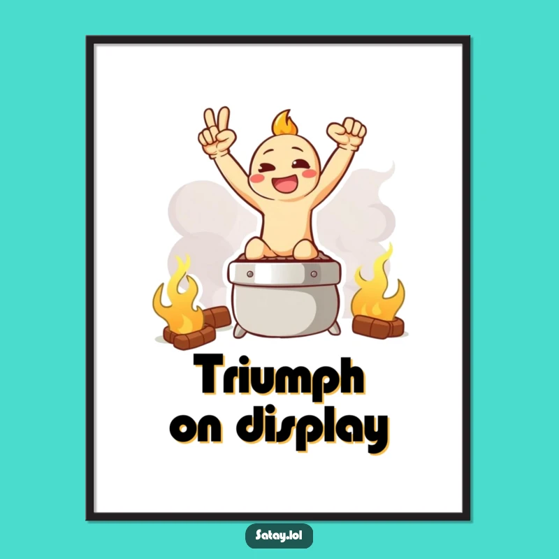 Funny Satay Digital Art Print: Grilling Triumph Pose Character, Humorous BBQ Decor