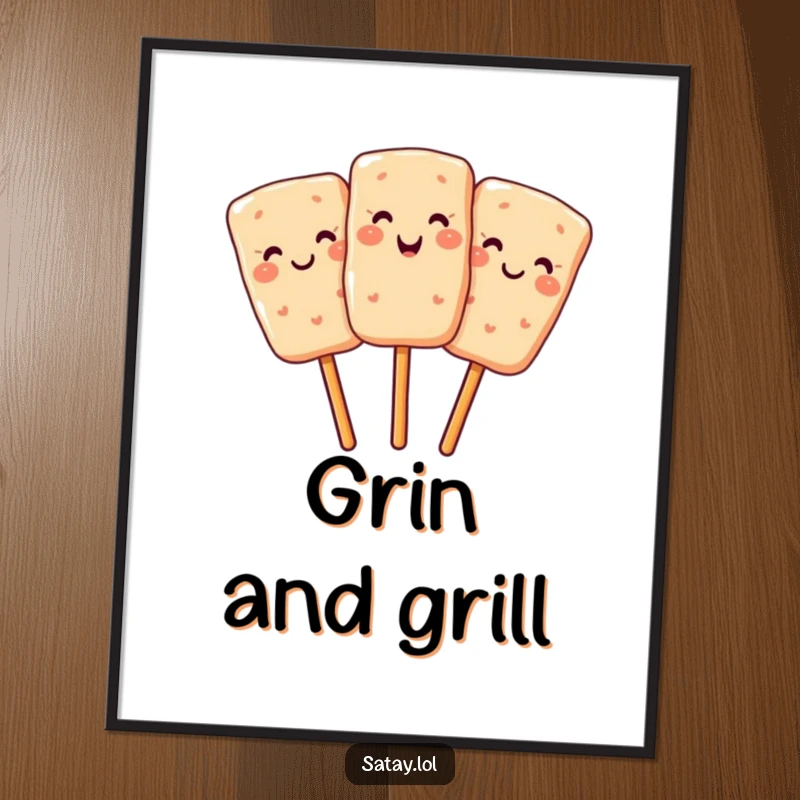 Funny digital art print of a smiling satay skewer winking, perfect for kitchen walls and food lovers.