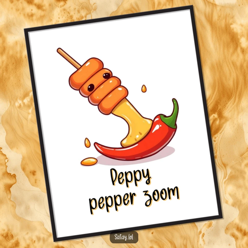 Funny digital art print of a satay skewer sliding down a chili pepper, perfect for vibrant, spicy decor.