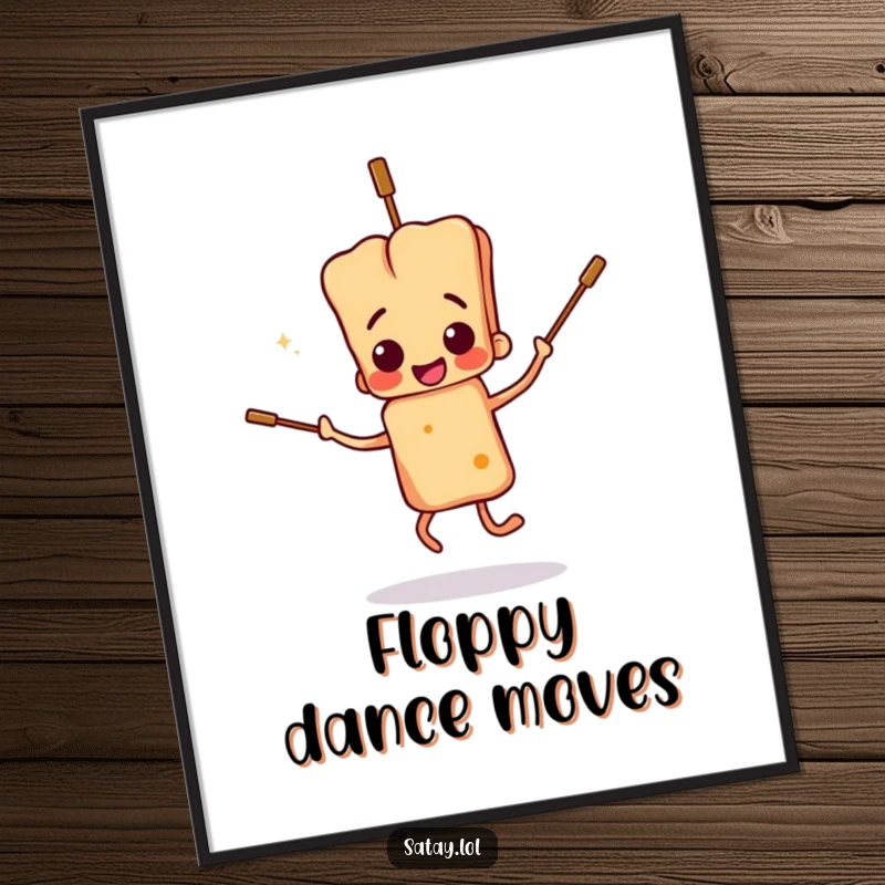 Funny satay skewer character digital art, doing a clumsy dance with floppy skewers, downloadable for humorous wall decor.