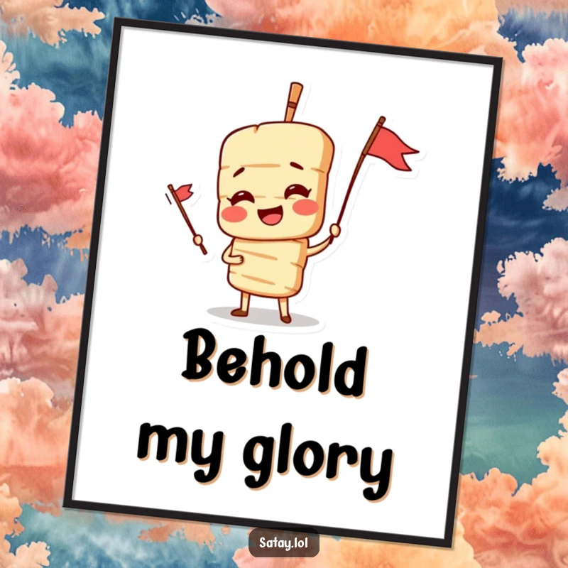 Funny Satay Skewer Digital Art Print, a digital download of a dramatic skewer character posing heroically with a flag, adding culinary humor.