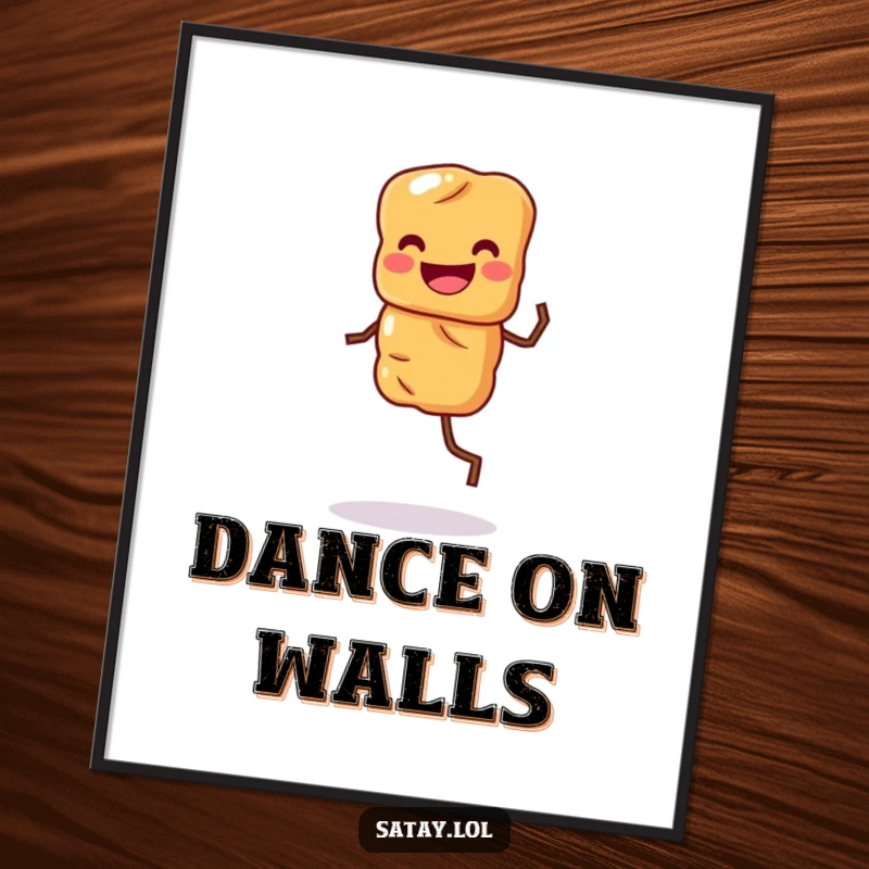 Funny digital art print of a grinning satay skewer character dancing a lively jig, perfect for foodies.
