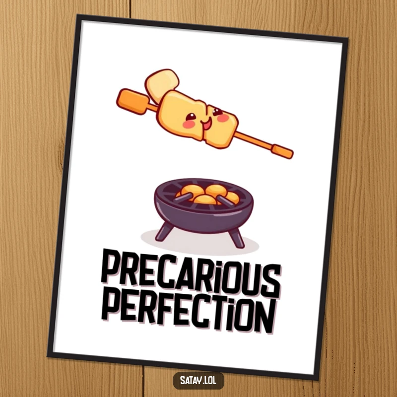 Funny satay skewer grill digital art print, a smiling skewer balancing on a tiny grill, instantly downloadable humorous artwork.