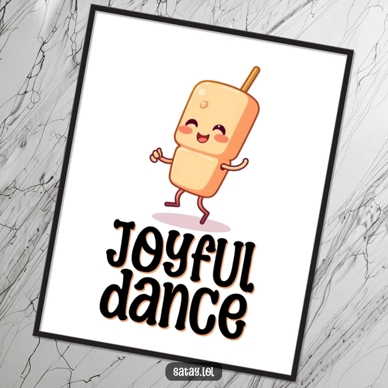 Funny Satay Skewer Digital Art Print showing a skewer character doing a happy jig, radiating infectious joy and a love for dancing.