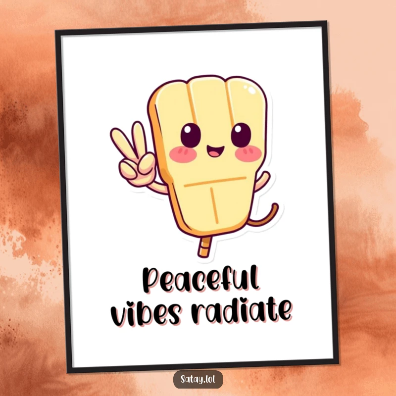 Funny Satay Skewer Digital Art Print showing a skewer character displaying a peace sign with its tail, perfect for adding a humorous and artistic flair.
