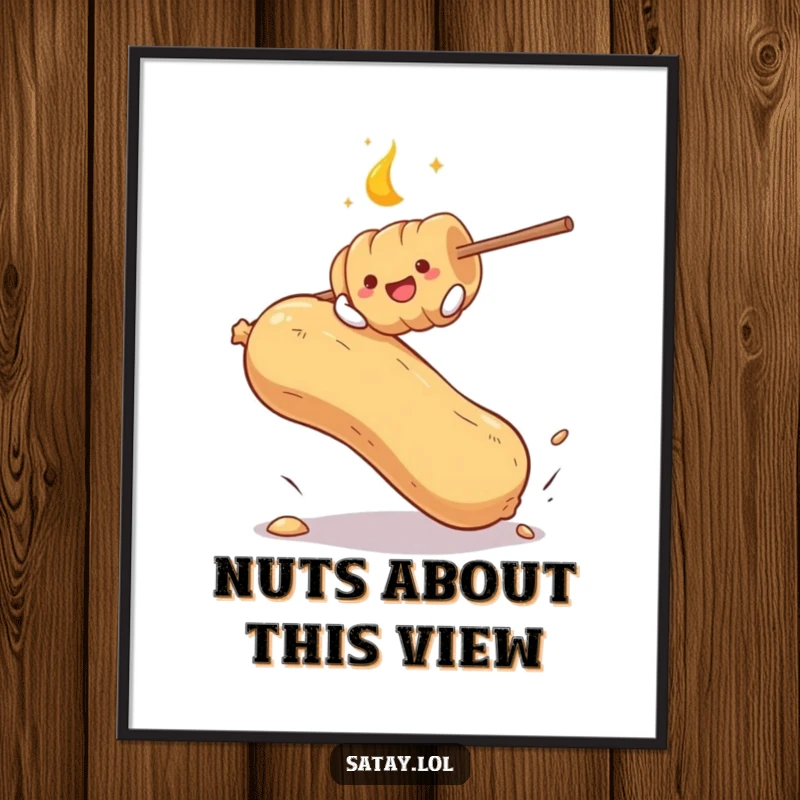 Funny digital art print showing a satay skewer joyfully bouncing on a giant peanut, a comical and downloadable graphic.